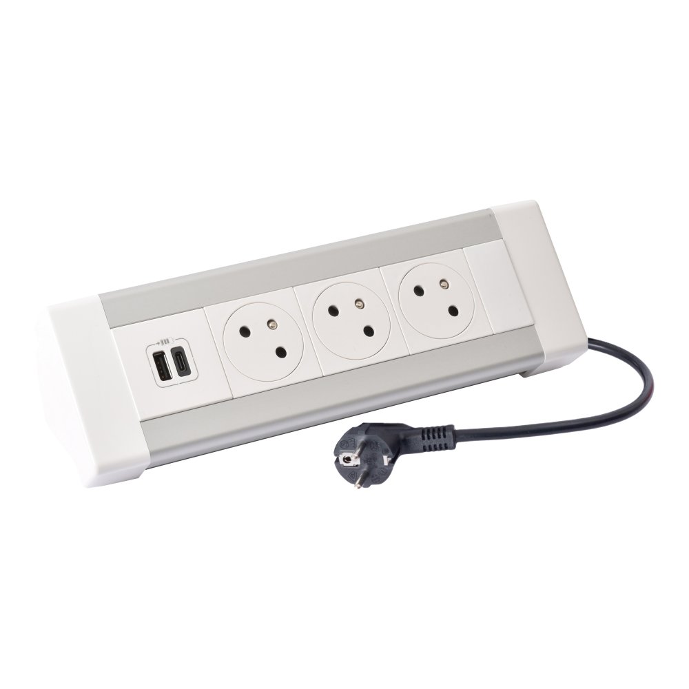 Stolní blok On Desk, 3x zásuvka 250V (surface 45°), 1x USB A+C nabíječka 15W, kabel 3m, barva hliník - bílá