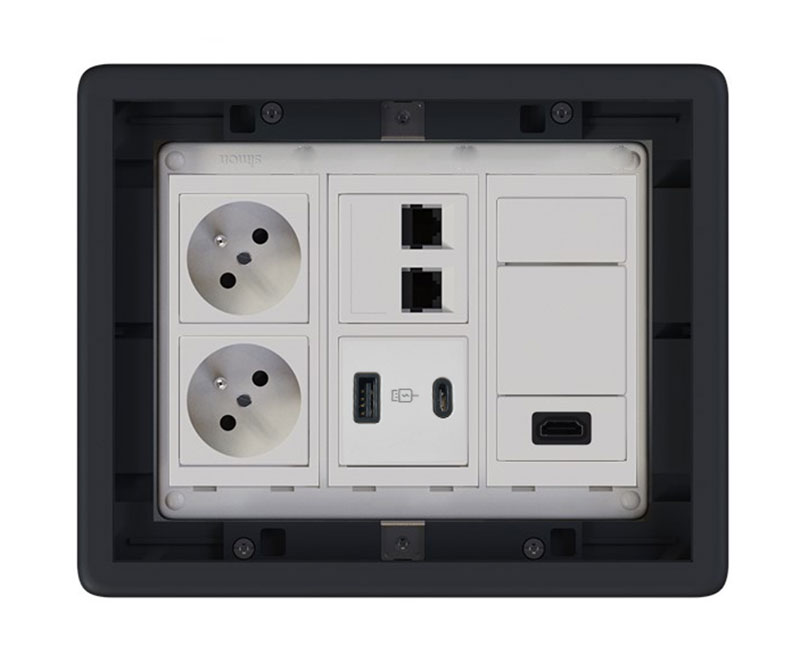 Podlahová zásuvka 2x 250V/16A (zásuvka bílá), USB nabíječka A+C, 2x RJ45 cat.6, 1x HDMI , barva boxu grafitově-šedá, s pouzdrem pro lité podlahy