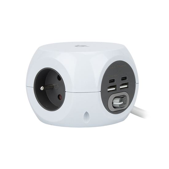 Prodlužovací přívod kostka, 3 zásuvky, 4x USB + Wireless 10W, 1,5m, 3x1,5mm2, bílá barva