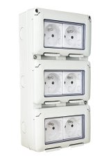 Zásuvka 6x 250V, Gewiss Combi 27, vodeodolná, krytie IP55, farba šedá