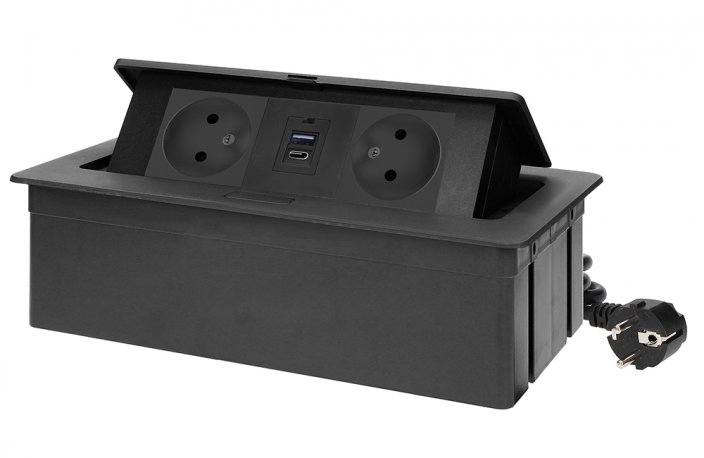 Výklopný blok, 2x zásuvka 230V + 2x USB nabíjačka typ A / C, farba čierna, kábel o dĺžke 1.5m