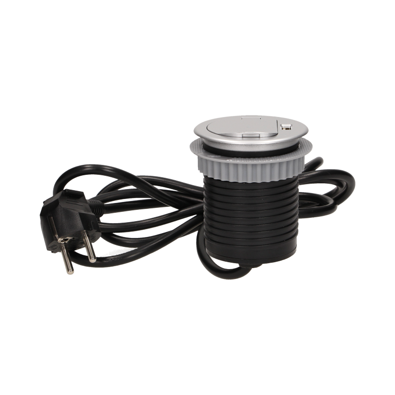 Jednoduchá zásuvka zapustená, 1x zásuvka, 1x USB port nabíjací, farba strieborná, kábel 1.8m