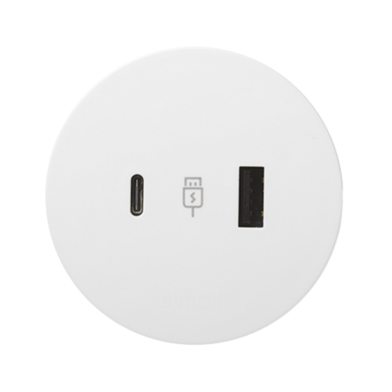 Vestavná stolní USB A+C nabíječka 18W, QC 3.0, průměr 60 mm, napájecí kabel 2m, barva bílá matná