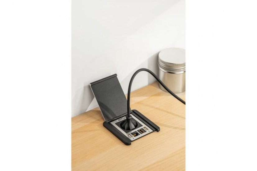Zásuvka zápustná FLIP s odklápacím krytom, 1x 250V, 2x USB-A nabíjačka, 1x RJ45 cat.6, 1x HDMI, kábel 1.5m, farba čierna