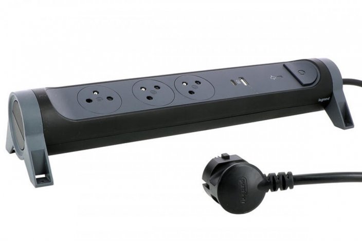 Prodlužovací přívod otočný, 3x zásuvka 230V, USB nabíječka A+C, přepěťová ochrana, vypínač, kabel 1.5m, barva tmavě šedá - černá