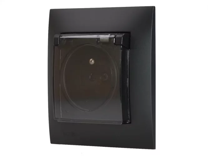 Zásuvka pod omítku 1x 250V/16A s víčkem a manžetou, krytí IP44, rámeček v černé barvě + průhledná krytka
