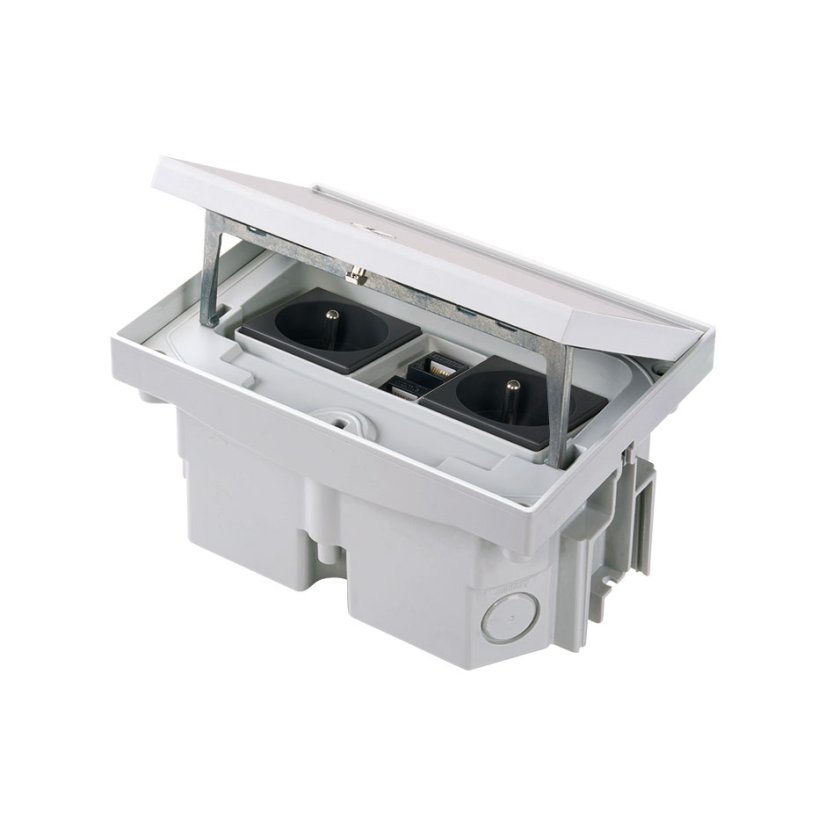 Robustní podlahová zásuvka 2x 250V/16A + 2x RJ45 cat. 6, jednoduchý zámek, krytí IP66, pro lité podlahy, barva šedá matná