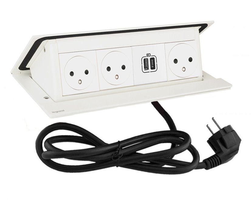 Pop-up blok INCARA 3x zásuvka 250V surface, 1x USB A+C nabíječka 15W + montážní rám, barva bílá, kabel 2m