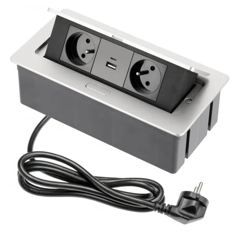 Výklopná zásuvka 2x 230V, 2x USB A+C nabíjecí 15W, barva stříbrná (hliník), kabel o délce 1.5m