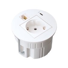 Vestavná stolní zásuvka Flash 90, 1x 230 V + 1 × USB-C PD 20 W, 1x RJ45 cat.6, kabel 1.5m, barva bílá matná