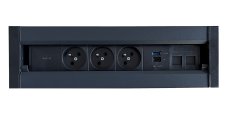 Vestavný blok Spinner s posuvným krytem, 3x 250V,  1x USB nabíječka A+C 65W PD QC 3.0, 2x RJ45 cat.6, kabel 3m, barva černá matná