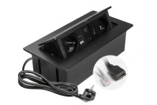 Výklopná zásuvka MULTISOFT, 2x 230V, USB A/C nabíjačka, RJ45, HDMI, farba čierna, kábel o dĺžke 1.5m
