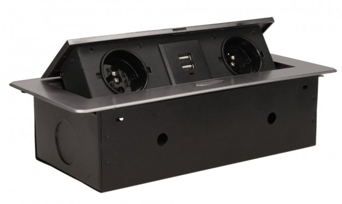 Stolný zásuvkový blok s frézovaným krytom, 2 zásuvky 230V, 2x USB nabíjačka 5V, farba grafitová, bez kábla