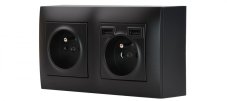 Zásuvkový blok nástenný 2x 250V / 16A s clonkami + 2x USB nabíjačka, bez kábla, čierna matná