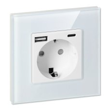 Zásuvka 2P+Z (schuko) s USB-A + USB-C nabíječkou 5VDC /3A, skleněný rameček, barva bílá