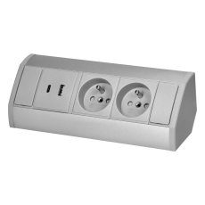 Rohový zásuvkový blok, 2x zásuvka 230V + 2x USB nabíječka A+C 5V, šedo-stříbrná barva