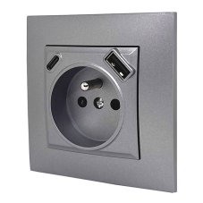Zásuvka v rámčeku pod omietku, 1x 250V/16A s USB A+C nabíjačkou, šedej metalizovanej farby