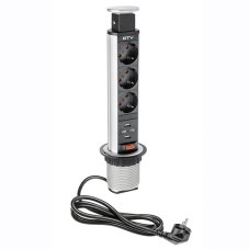 Výsuvná zásuvka úzká 60mm, 3 zásuvky (verze schuko), 2x usb, stříbrná barva