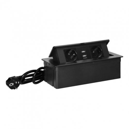 Výklopný blok 2x zásuvka 230V + 2x USB (2.1A) nabíjací, farba čierna, kábel o dĺžke 1.5m