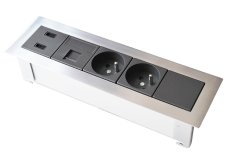 OFIBLOCK Line, 2x zásuvka 250V + 2x USB nabíječka 5V + 1x RJ45, rámeček chrom, barva grafitově-šedá, kabel 1.5m