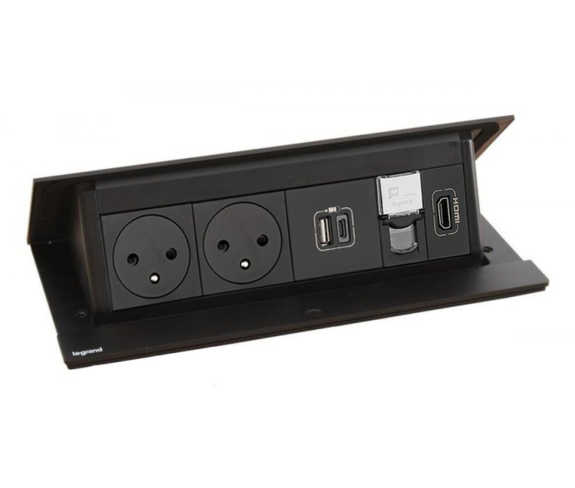 Pop-up blok INCARA 2x zásuvka 250V surface, 1x USB A+C nabíječka 15W, 1x RJ45, 1x HDMI + montážní rám, barva černá, kabel 2m