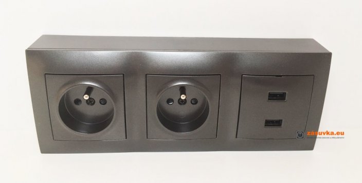 Zásuvkový blok nástěnný 2x 250V/16A + 2x USB nabíječka, bez kabelu, antracit matná metalíza