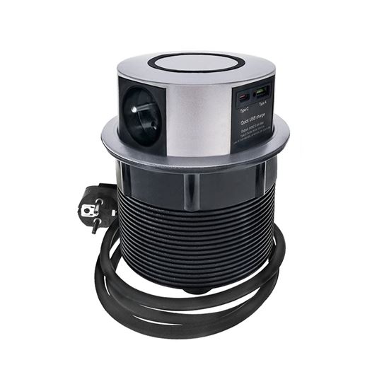 Výsuvný blok zásuvek, 3x zásuvka 230V, USB rychlonabíjení A+C 20W Power Delivery, bezdrátová nabíječka 10W Qi, kabel 2m, barva stříbrná