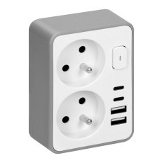 Zásuvkový rozbočovač  2×230 V, 2×USB-A + 2×USB-C 17 W, vypínač, bílo-šedý