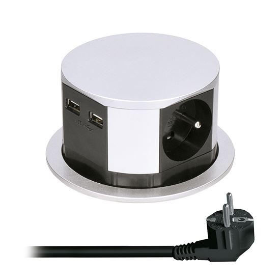 Výsuvný zásuvkový blok, 3x 230V, 2x nabíjacie USB, farba strieborná, kábel 1.5m