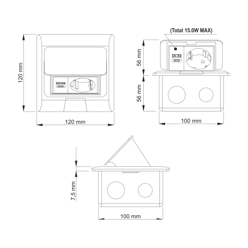 Podlahová zásuvka FLOOR BOX,  1×230 V (schuko), USB-A + USB-C PD 20 W, barva černá