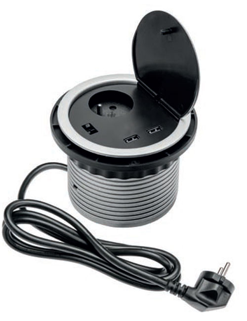 Zásuvka kulatá (1x230V) s víčkem a 2x USB nabíječka s kabelem 1.8m