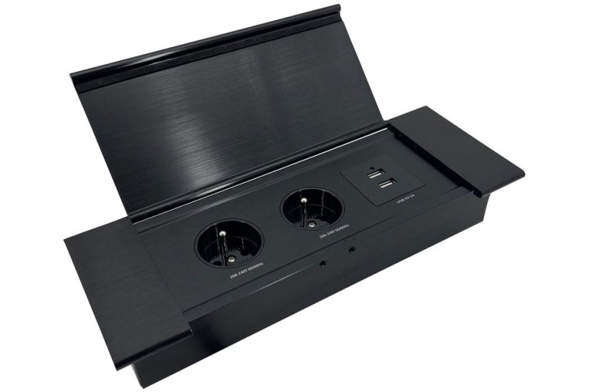 Zásuvkový blok s výklopným krytom, 2x 230V, 2x USB nabíjačka A+C 3.6A, kábel 1.5m, farba čierna