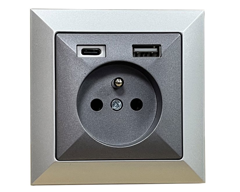 Zásuvka v rámečku, 1× 230 V / 16 A s USB A+C nabíječkou, série Pearl, pod omítku, barva stříbrná a antracitová