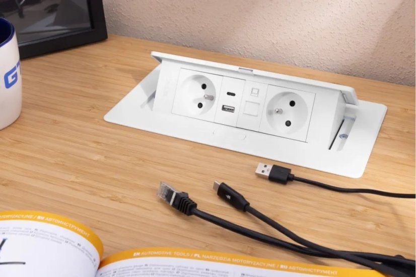 Výklopná zásuvka MULTISOFT, 2x 230V,  USB A/C nabíječka, RJ45, barva bílá, kabel o délce 1.5m