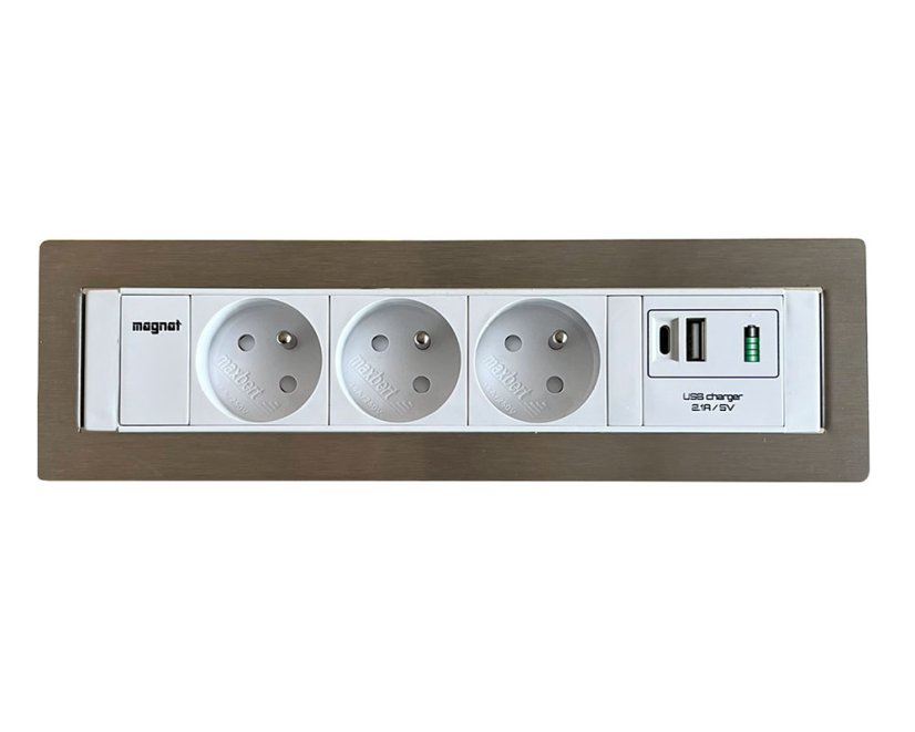 Vestavná zásuvka MAGNAT-FRAME,  3× 230 V + 1× USB-A/C nabíječka, barva bílá, rám nerez, kabel 2m