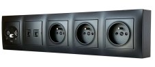 Zásuvkový blok nástenný 3x 250V/16A +  2x RJ45 tienený cat.6 + 1x TV-SAT koncová, bez kábla, farba čierna matná