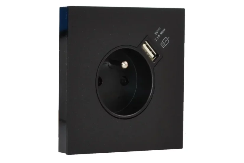 Zásuvka 250V/16A s USB nabíjačkou Smartcharge, Simon 100, akrylátové sklo, čierna matná farba