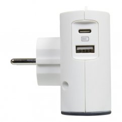 Extra plochá rozbočka, 2x bočná zásuvka 230V (2 x 2P / 6 A), 2x nabíjací USB A+C, s držiakom smartfónu – farba biela a tmavo šedá