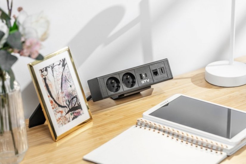 Zásuvka na desku stolu BAR, 2x 250V, 2x USB A+C nabíječka, 1x RJ45 cat.6, 1x HDMI, kabel 1.5m, hliníkové tělo, barva černá