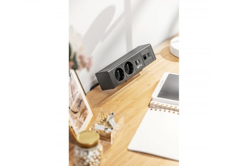 Zásuvka na desku stolu BAR, 2x 250V, 2x USB A+C nabíječka, 1x RJ45 cat.6, 1x HDMI, kabel 1.5m, hliníkové tělo, barva černá
