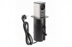 Výsuvná zásuvka TOWER, 1x 250V + 2x USB A+C, vrchní kryt nerezová ocel, kabel 1.5m, barva černo-stříbrná