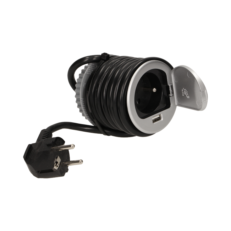 Jednoduchá zásuvka zapustená, 1x zásuvka, 1x USB port nabíjací, farba strieborná, kábel 1.8m