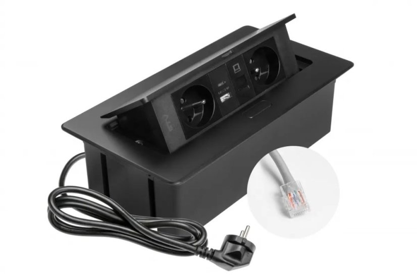 Výklopná zásuvka MULTISOFT, 2x 230V,  USB A/C nabíječka, RJ45, barva černá, kabel o délce 1.5m