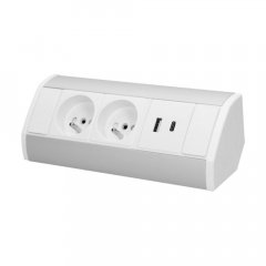 Rohový zásuvkový blok, 2x zásuvka 230V + 2x USB nabíječka A+C 5V, bílo-stříbrná barva