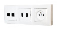 Zásuvkový blok nástenný 1x 250V / 16A, 2x USB nabíjačka, 2x RJ45, bez kábla, farba biela lesklá