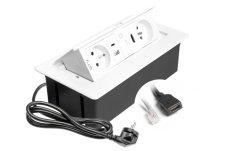 Výklopná zásuvka MULTISOFT, 2x 230V, USB A/C nabíjačka, RJ45, HDMI, farba biela, kábel o dĺžke 1.5m