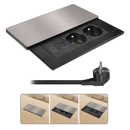 Zásuvkový blok vestavný, 2x 230V, posuvný kryt,  USB A+C 20W PD, HDMI, kabel 2 m, barva stříbrná