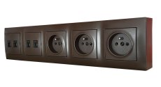 Zásuvkový blok nástenný 3x 250V/16A + 4x RJ45 cat.6, bez kábla, farba hnedá