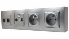 Nástěnný zásuvkový blok, 2x 250V/16A + R-TV-SAT koncová + 2x RJ45 cat.5, šedé metalizované barvy s šedým ozdobným rámem, bez kabelu