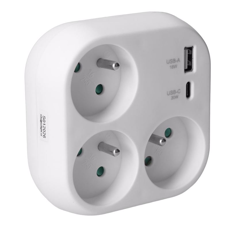 Rozbočka do zásuvky 3x 16A, USB A+C s rychlonabíječou 20W PD, bílá